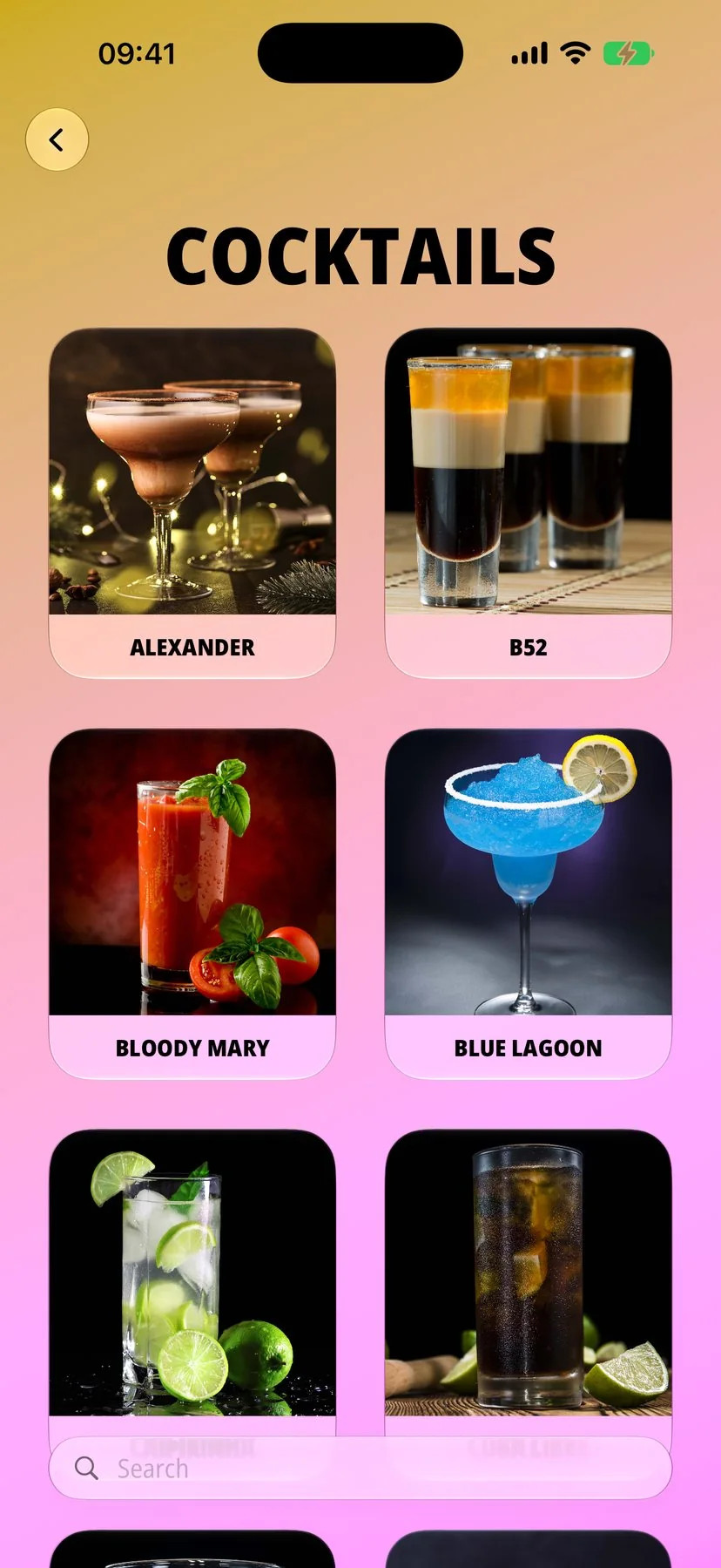 Grille de cocktails avec photos d'Alexander, B52, Bloody Mary et Blue Lagoon
