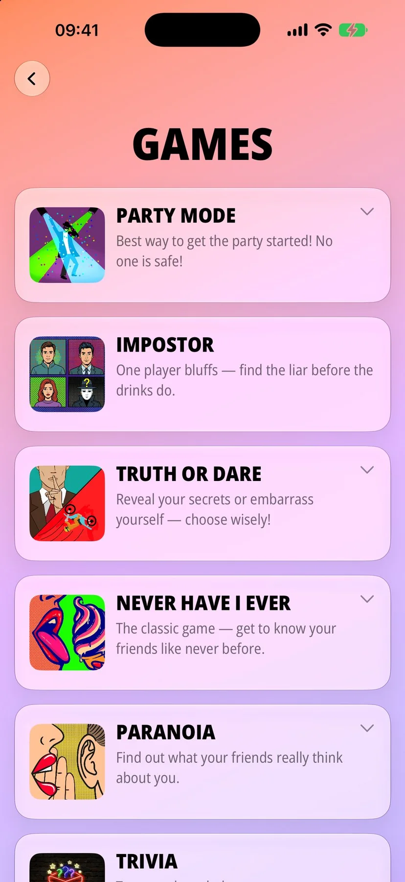 Menu des jeux avec Mode Fête, Impostor, Action ou Vérité, Je n'ai jamais et Paranoïa