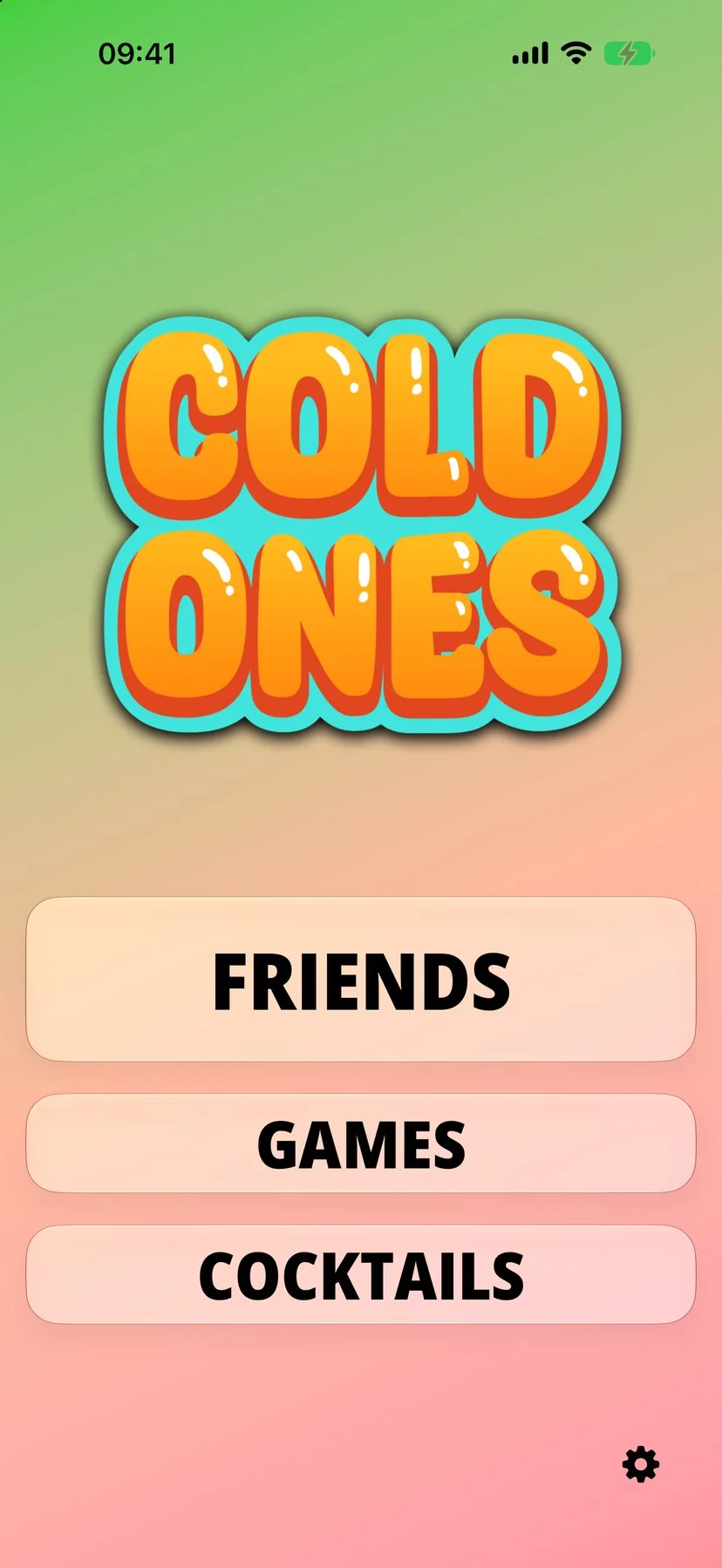 Écran d'accueil de Cold Ones avec boutons Potes, Jeux et Cocktails