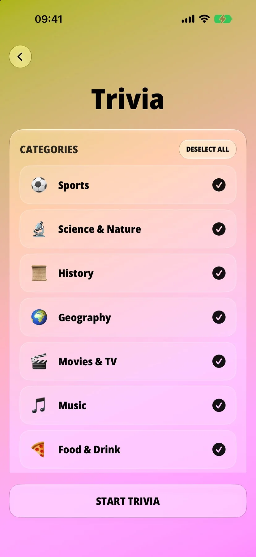 Choix des catégories Trivia avec Sport, Science, Histoire et plus