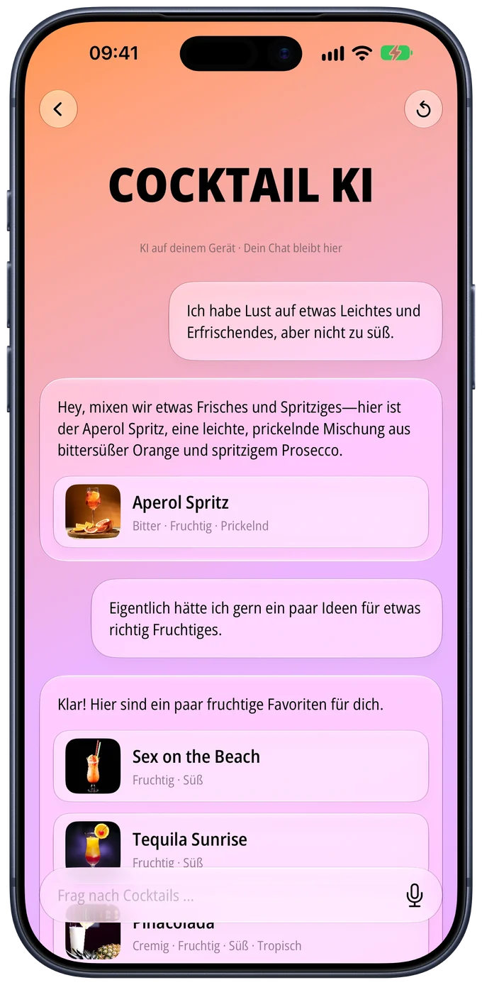Cocktail-KI-Chat, der einen Aperol Spritz und fruchtige Cocktails vorschlägt