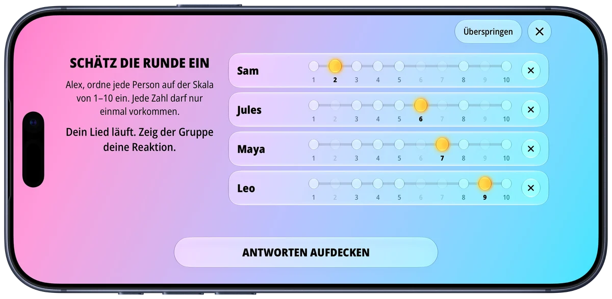 Dial It Up Rateansicht, in der Alex Sam, Jules, Maya und Leo für „Dein Lied läuft“ auf der Skala von 1 bis 10 einordnet