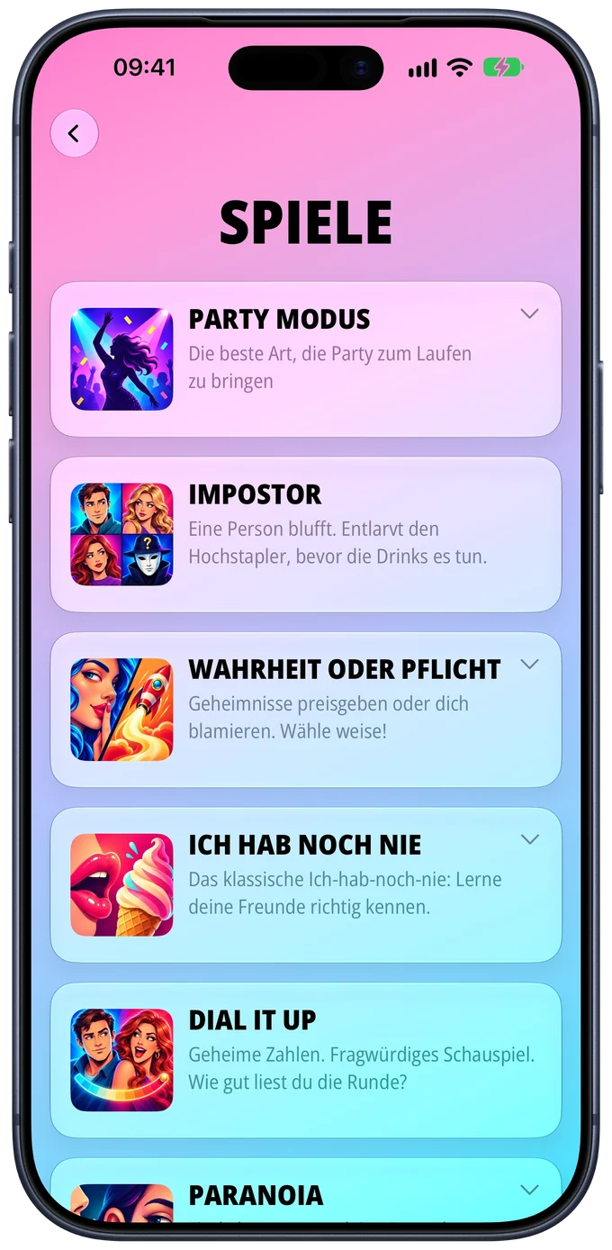 Spieleliste in Cold Ones mit Party Modus, Impostor, Wahrheit oder Pflicht, Ich hab noch nie und Dial It Up