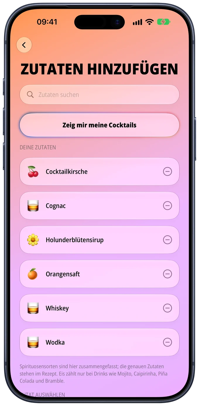 Zutaten hinzufügen mit Cocktailkirsche, Cognac, Holunderblütensirup, Orangensaft, Whiskey und Wodka