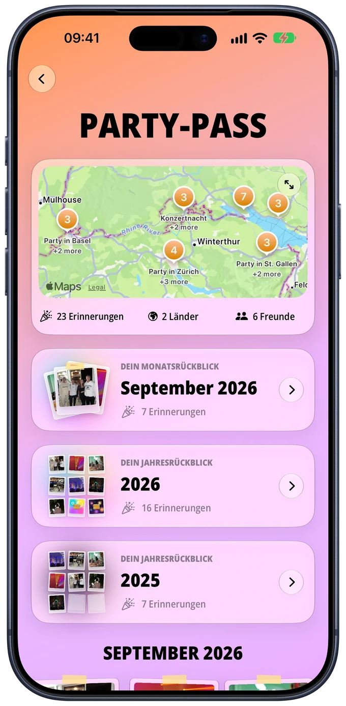 Party-Pass mit Karte vergangener Partys, 23 Erinnerungen in 2 Ländern und Monats- und Jahresrückblick