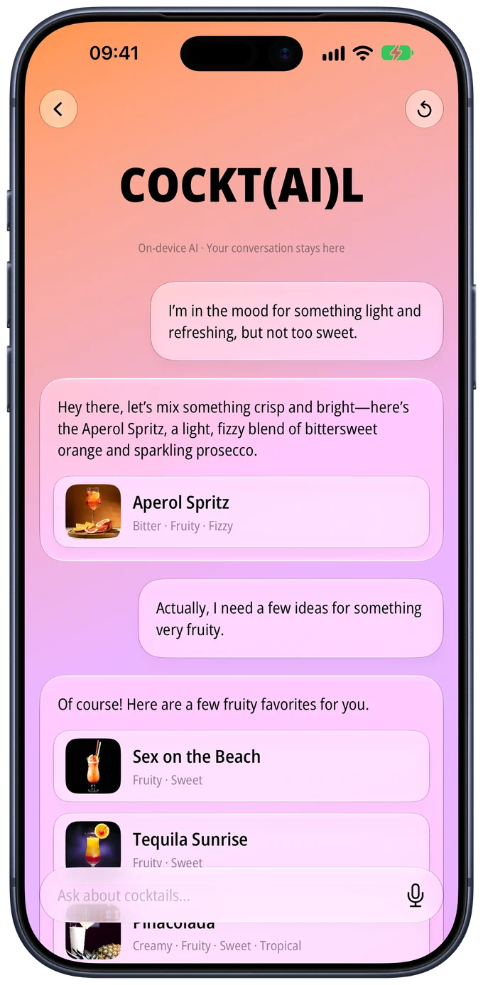 COCKT(AI)L chat suggesting an Aperol Spritz and fruity cocktails