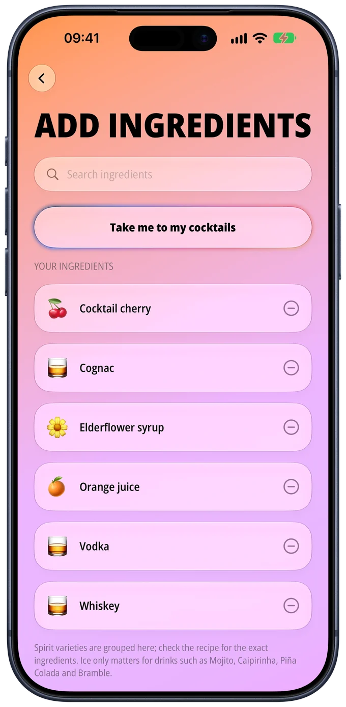 Add ingredients screen listing cocktail cherry, cognac, elderflower syrup, orange juice, vodka and whiskey