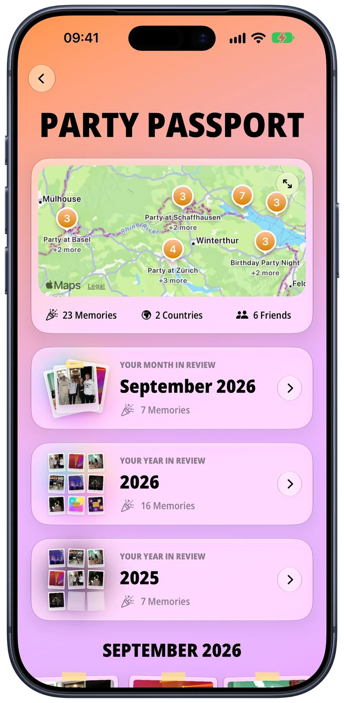 Party Passport with a map of past parties, 23 memories in 2 countries and month and year recaps