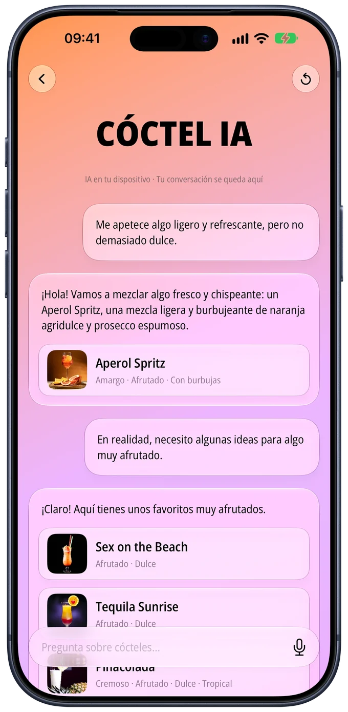 Chat de Cóctel IA que sugiere un Aperol Spritz y cócteles afrutados
