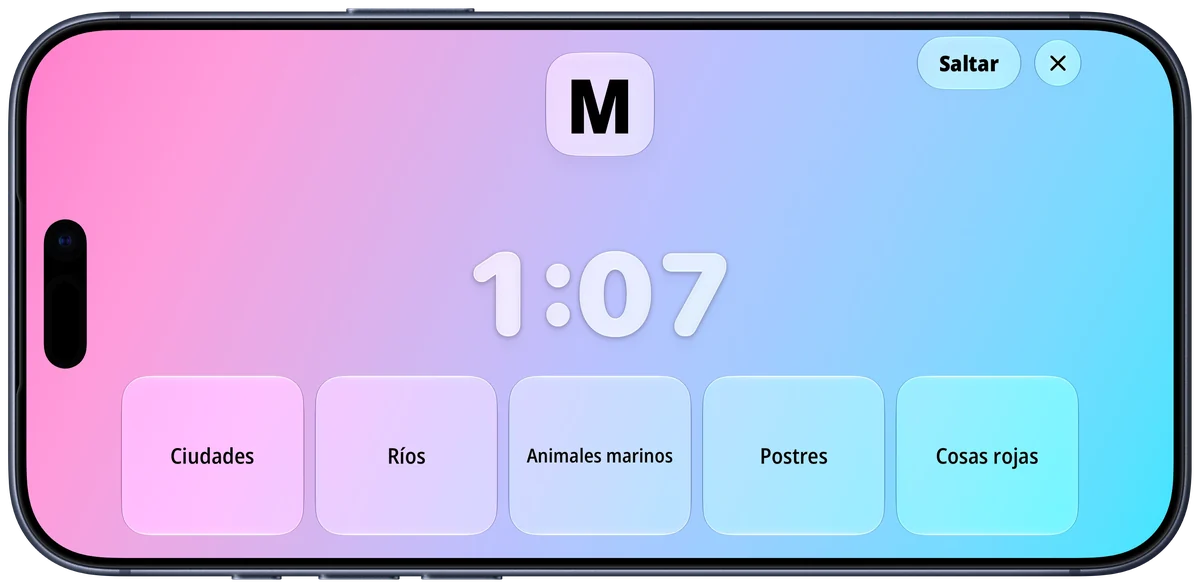 Ronda de Stop con la letra M, el cronómetro en marcha y Ciudades, Ríos, Animales marinos, Postres y Cosas rojas