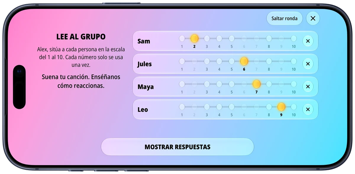 Pantalla de Dial It Up en la que Alex sitúa a Sam, Jules, Maya y Leo en la escala del 1 al 10 para «Suena tu canción»