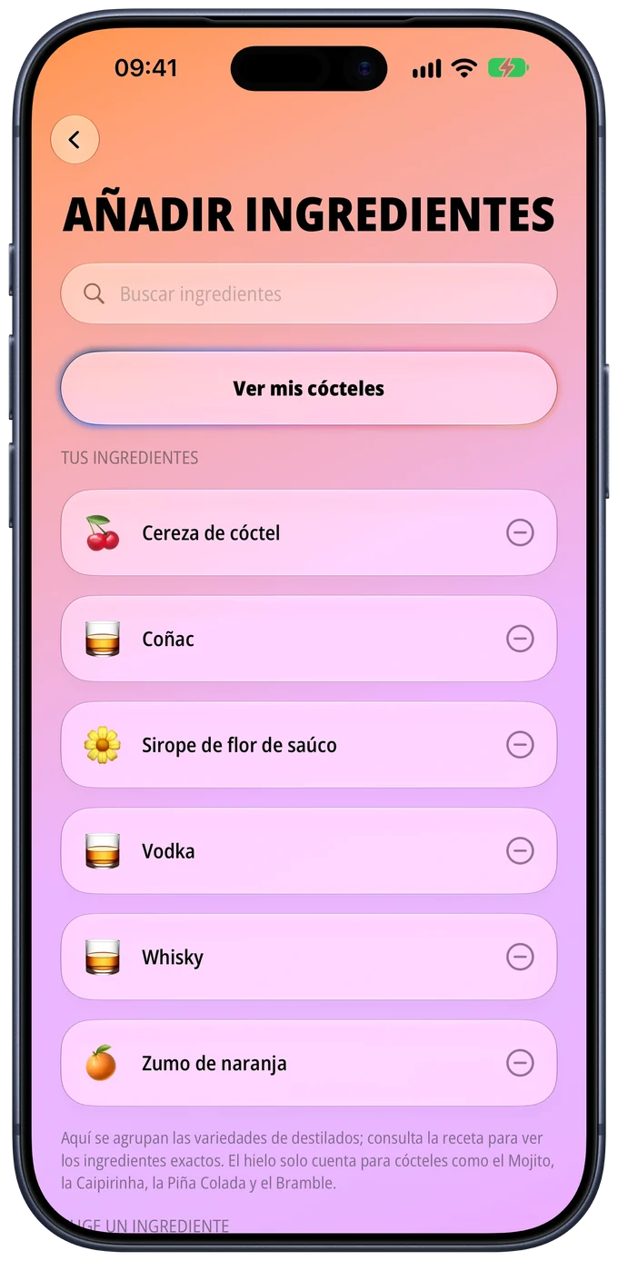 Pantalla Añadir ingredientes con cereza de cóctel, coñac, sirope de flor de saúco, vodka, whisky y zumo de naranja