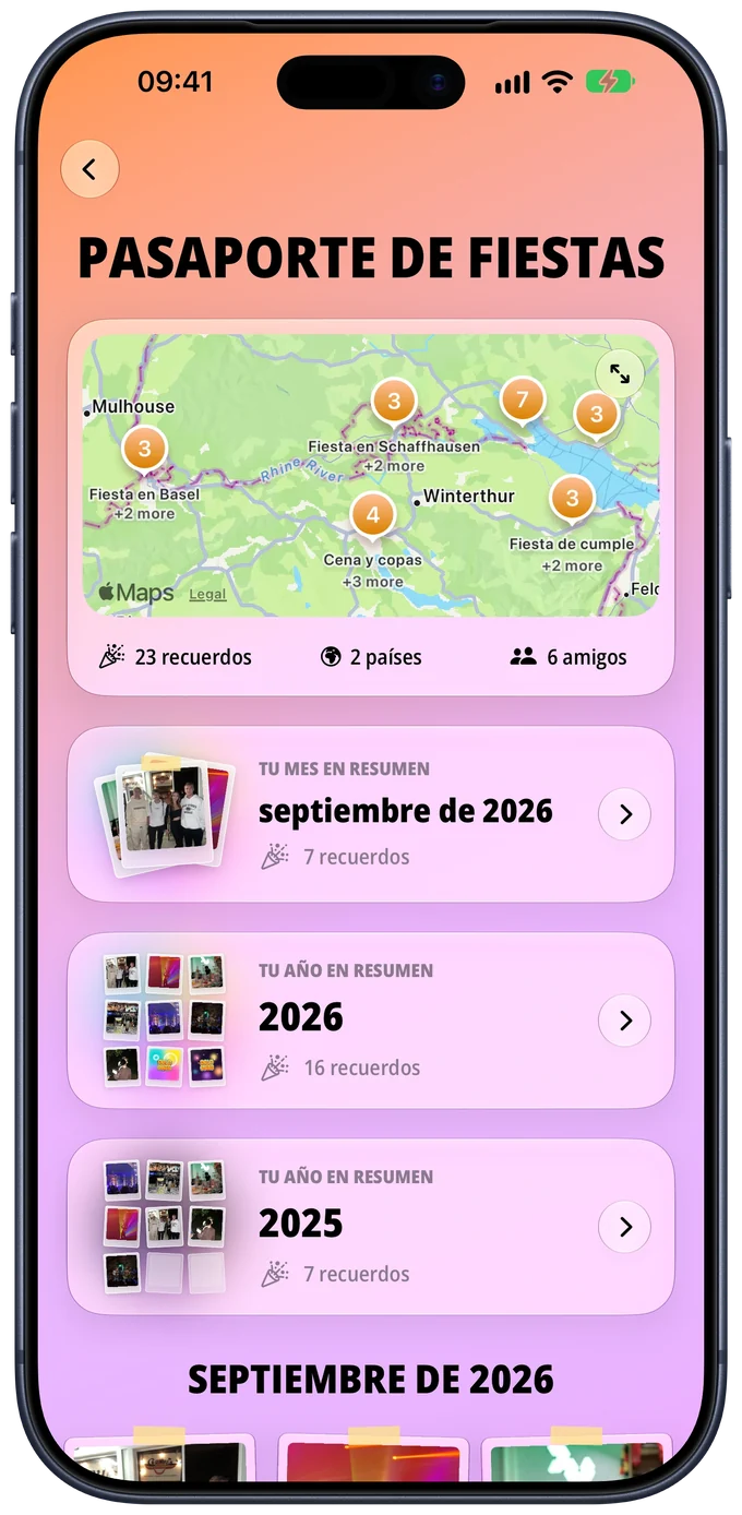Pasaporte de fiestas con un mapa de fiestas pasadas, 23 recuerdos en 2 países y resúmenes del mes y del año