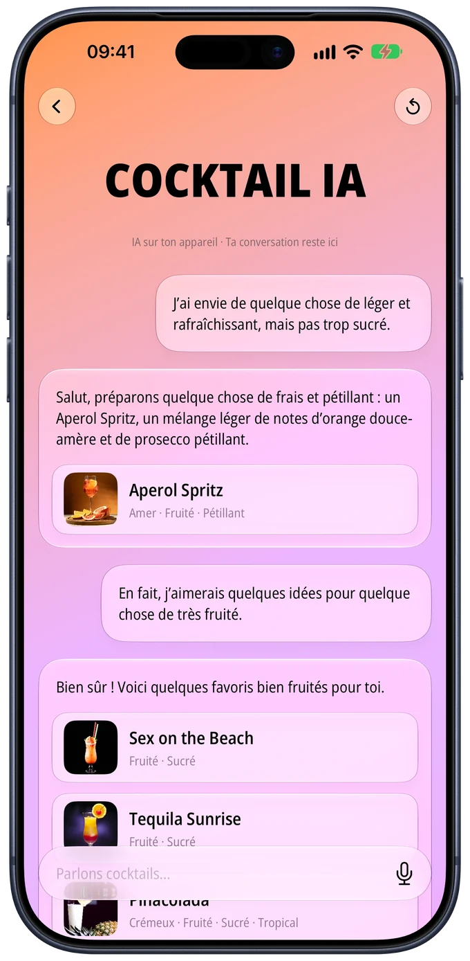 Chat Cocktail IA qui propose un Aperol Spritz et des cocktails fruités