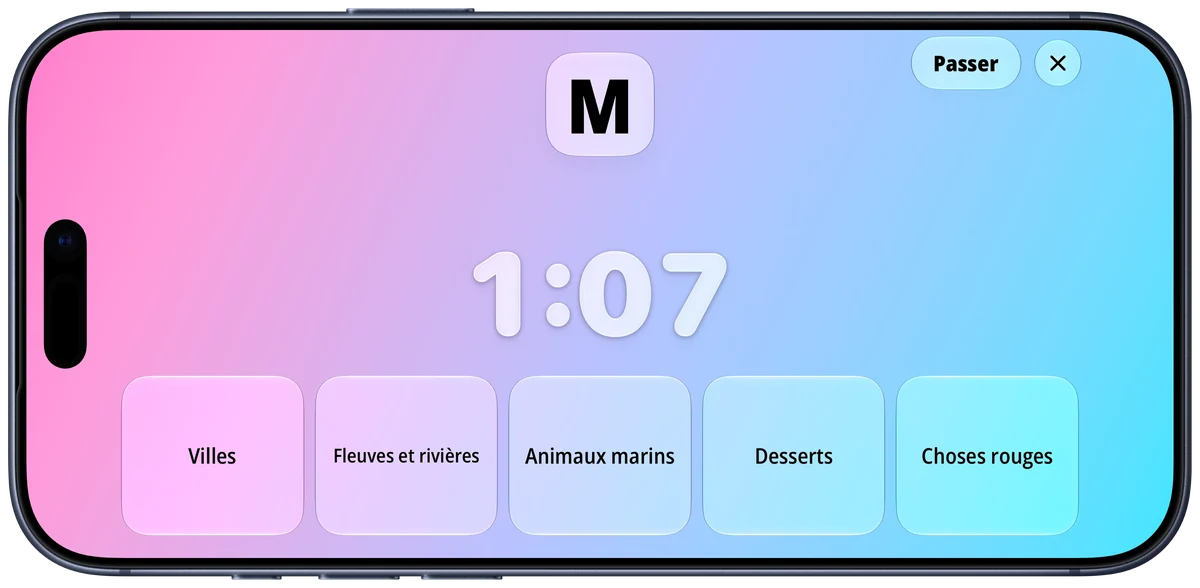 Manche de Petit Bac avec la lettre M, le chrono en cours et Villes, Fleuves et rivières, Animaux marins, Desserts et Choses rouges