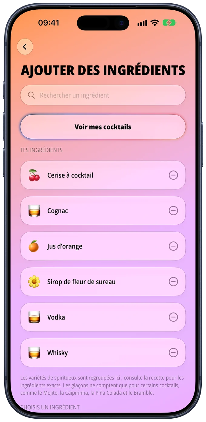 Écran Ajouter des ingrédients avec cerise à cocktail, cognac, jus d'orange, sirop de fleur de sureau, vodka et whisky